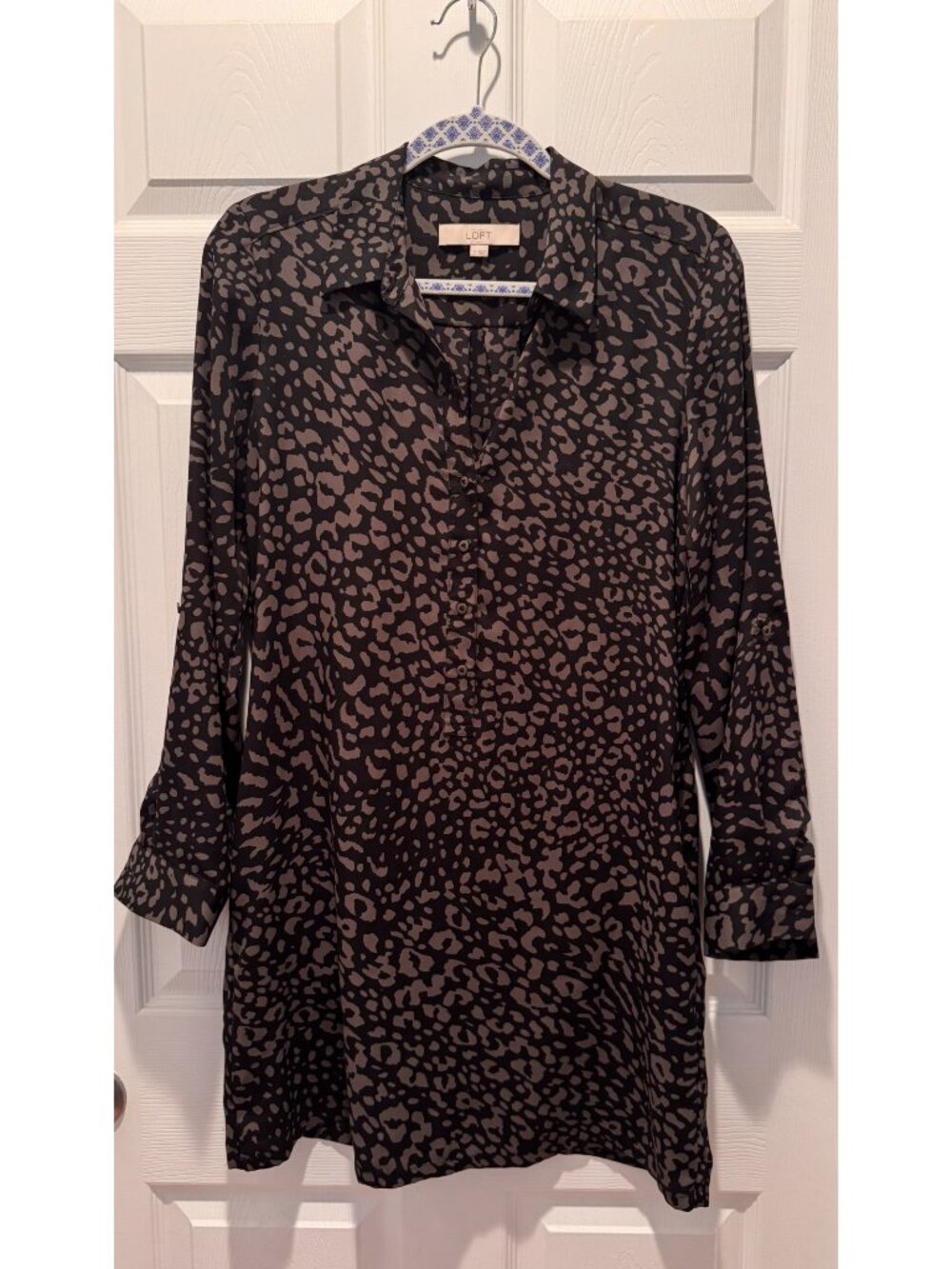 LOFT Leopard Print Shirt Dress Pockets Roll Tab Sleeves Size S